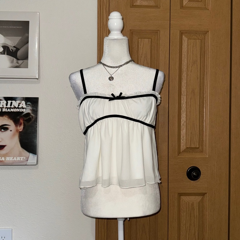 SHEIN White Mesh Babydoll Camisole Top Black Velvet Trim Bow Coquette Medium